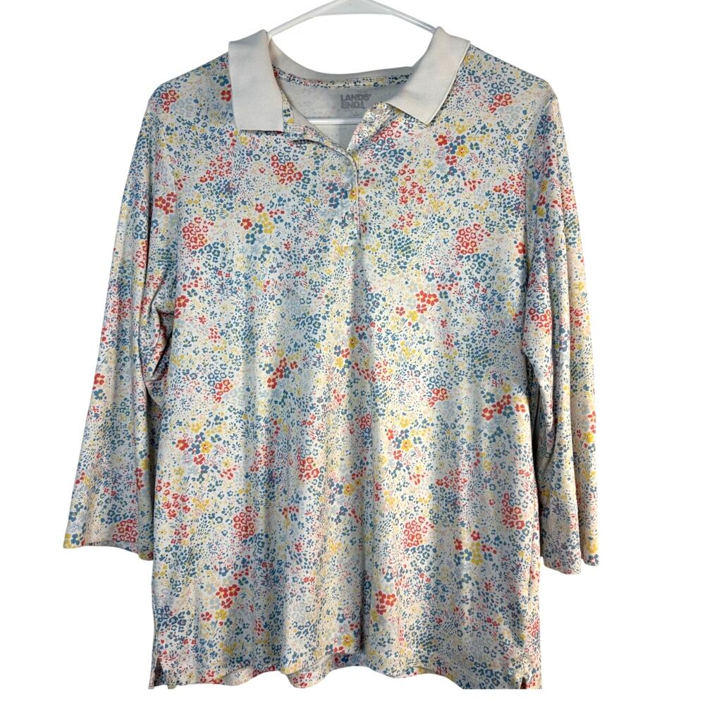 Lands End Women's Floral Supima Cotton 3/4 Sleeve Polo Shirt Top Size Large